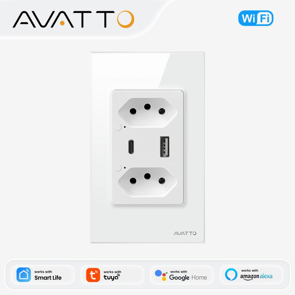 Tomada de Parede Inteligente AVATTO WiFi Brasil com Saída Dupla e Porta USB Tipo-C para Carregamento, Plugue Elétrico 16A, Compatível com Alexa e Google