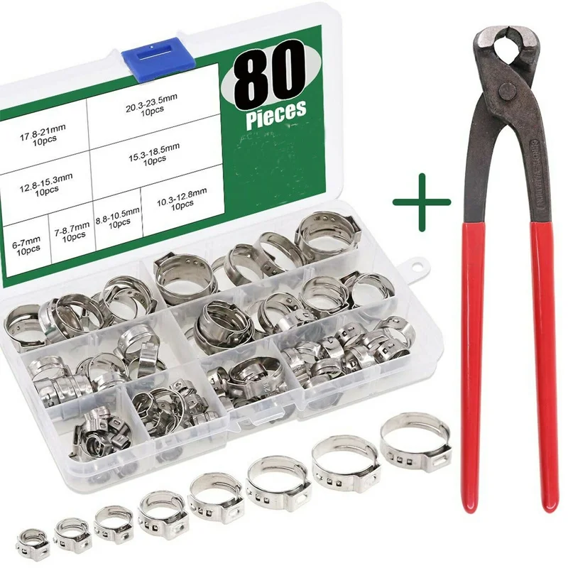 

80Pcs Single Ear Stepless Hose Clamps 5.8-24 mm + Double Ear Hoop Pliers Stainless Steel Assortment Hose Clamps Set