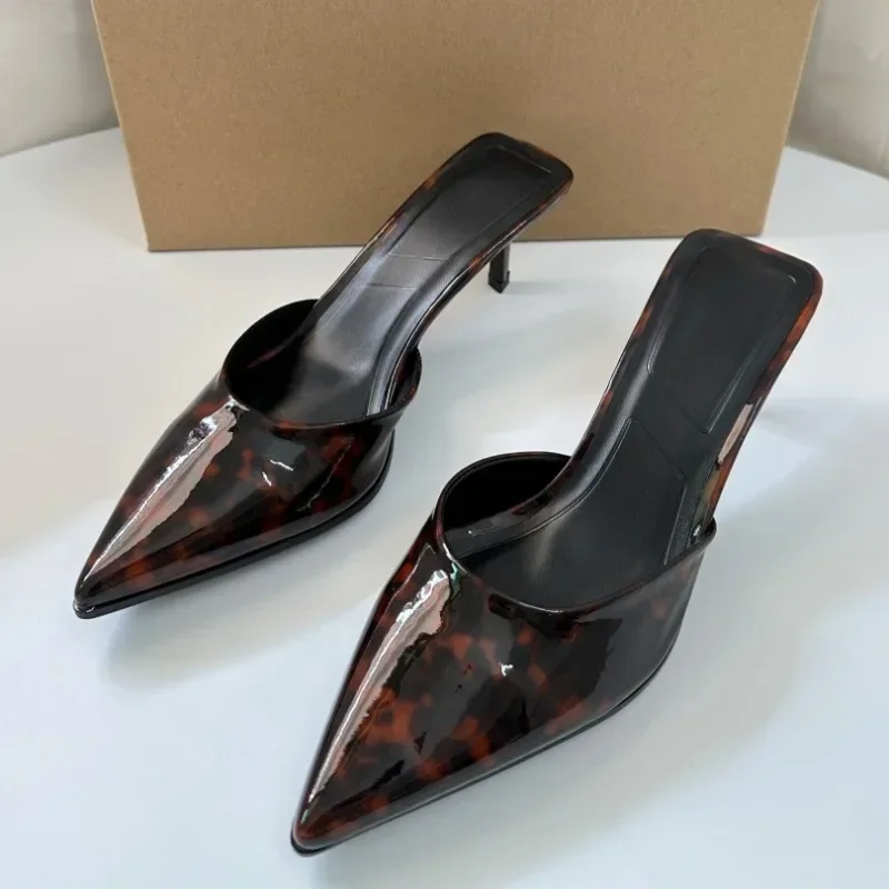 

Sexy Leopard Print Women High Heels Sandals Elegant Pointed Toe Summer Plus Size Slingback Brand Office Lady Mules Shoes