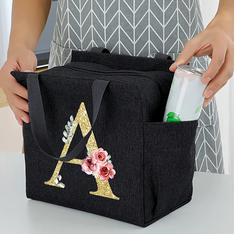 Insulated Lunch Box Men Women Travel Portable Camping Picnic Bag Pink Flower Letter Print Cold Food Cooler Thermal Bag Handbag