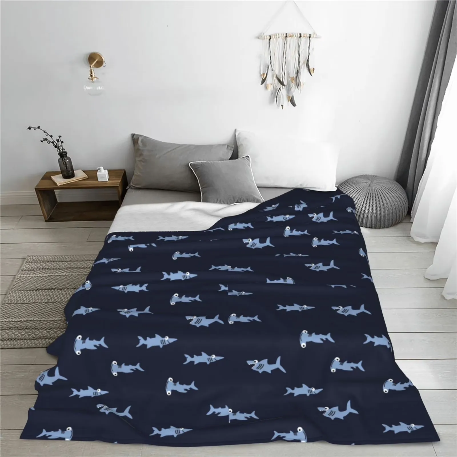 Cute Shark Print Plush Fleece Throw Blanket Soft Sherpa Adult Flannel Bed