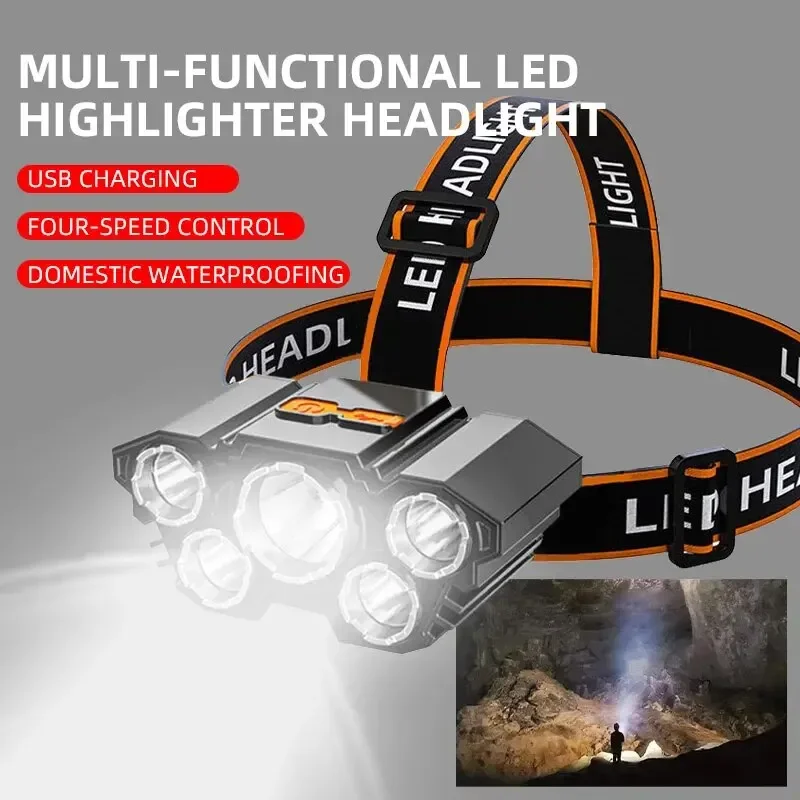 5 LED Flashlight Rechargeable with Built in Lithium Battery Strong Head Light Camping Adventure Fishing Cycling Headlamp