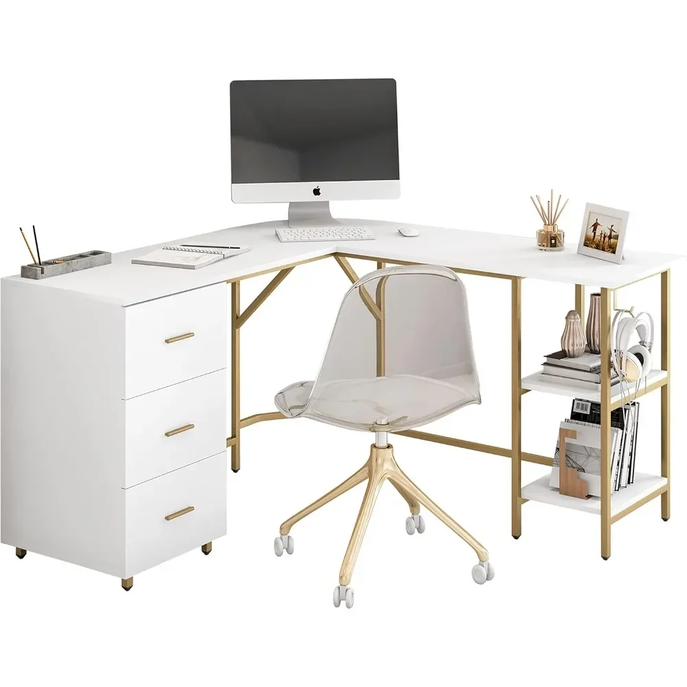 L-shaped Computer Desk - two-color computer desk with drawers and storage shelves - Corner desk for home office space