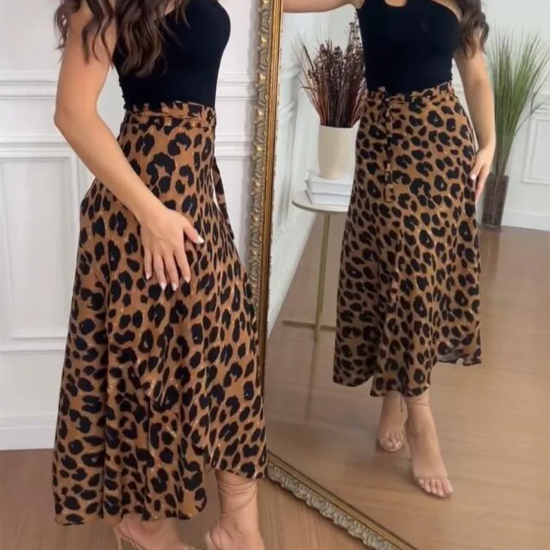 Falda ajustada con cordones y cintura alta con estampado de leopardo para mujer, faldas largas informales, versátiles, elegantes, de corte a, para uso diario, otoño 2025
