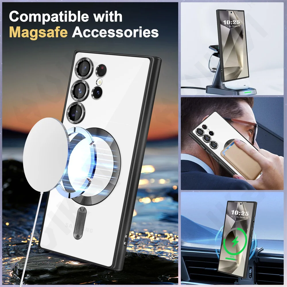 Magsafe Case For Samsung S24 S23 S22 S21 Ultra Plus Note 20 10 Clear Silicone Full Camera Crystal Magnetic Car Cover Protection