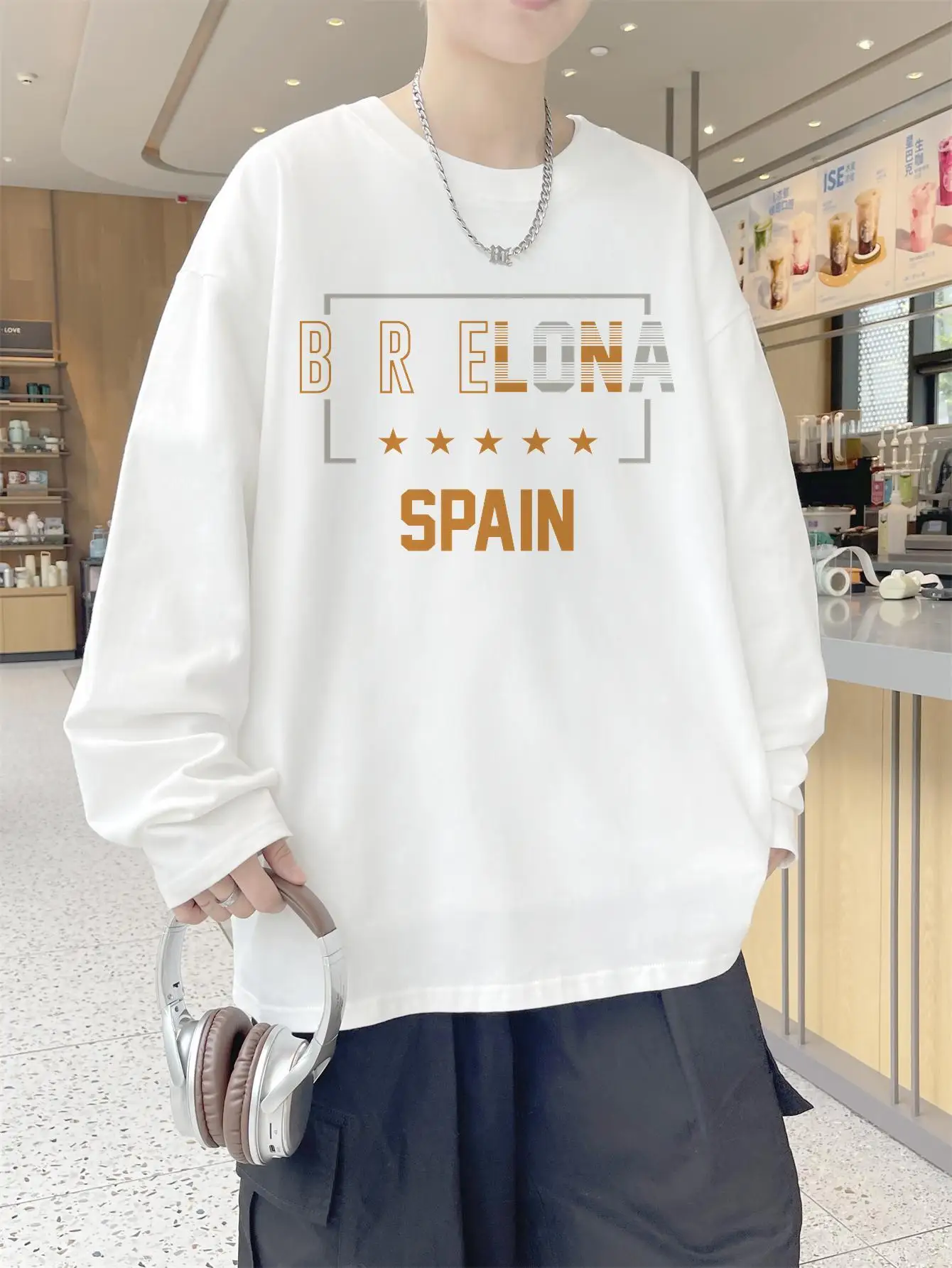 Barcelona Letter Print T-shirts For Men Fashion Brand Unisex Cotton Tees Long Sleeve Autumn Y2k Hip Hop Male Top Casual Clothes