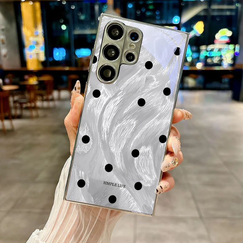 Black Polka Dots Silver Phone Case For Samsung A30s/A31/A32/A34/A36/A37/A50/A51/A52/A53/A54/A55/A56/A57/A71/A72/A73 Glass Cover