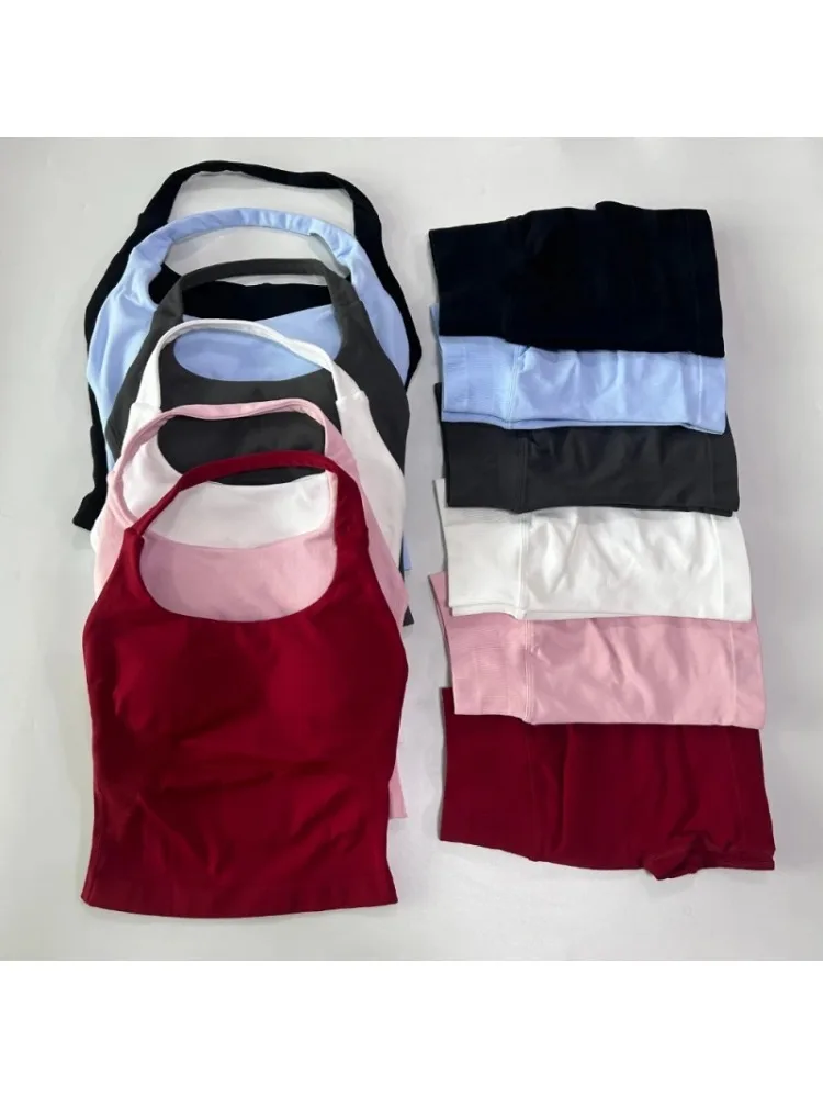 No Logo 2-delige sportset dames, rugloze tanktops, high waist scrunch naadloze shorts, gymset, sportkleding, workoutset, yoga - afbeelding 2