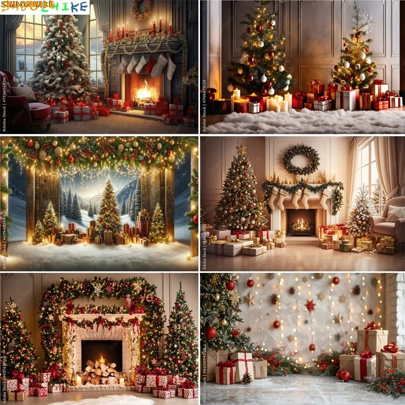 

Christmas Day Gift Boxes Steam Train Photography Backdrops Living Room Holidays Carpet Fireplace Pine Trees Background VT-05