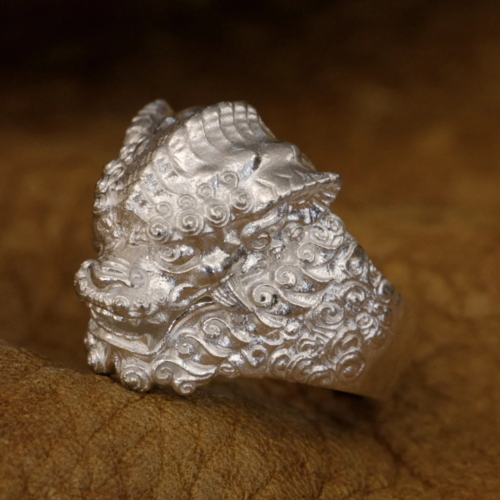 

925 Sterling Silver Not Oxidized Version Chinese Style Lion Ring Animal Jewelry TA210 US Size 7~15