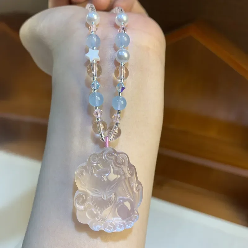 Mozambique Ice Pink Fox Brand Sweater Chain Wholesale Engraving Little Fox Pendant Necklace Female Pink Crystal Necklace