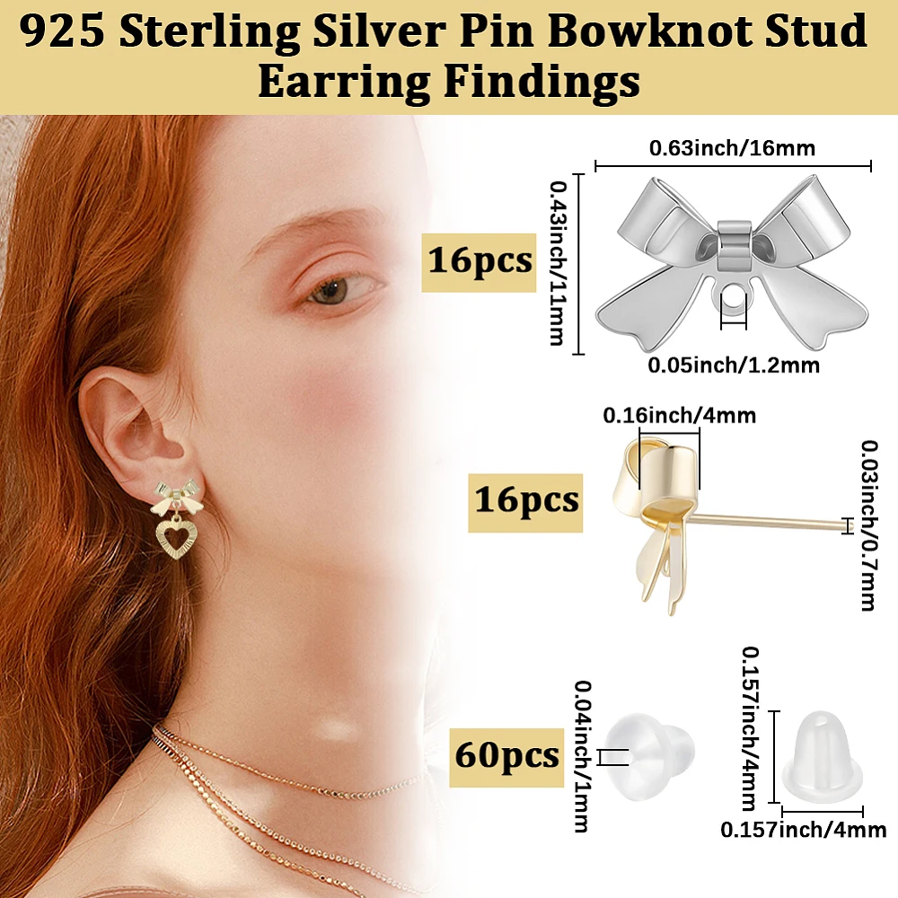 32Pcs 2 Colors Earring Findings with 925 Sterling Silver Pin Bowknot Post Stud Earring with Loop for Jewelry Making DIY