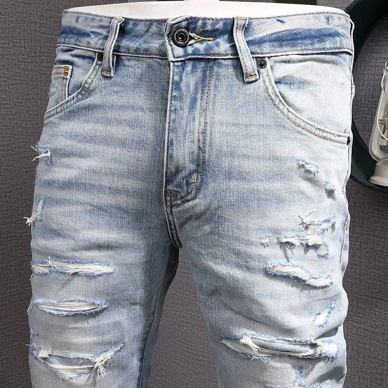 Jeans blu chiaro retrò da uomo nuovi di moda italiana stretch slim fit jeans strappati high street pantaloni di marca hip-hop hombre