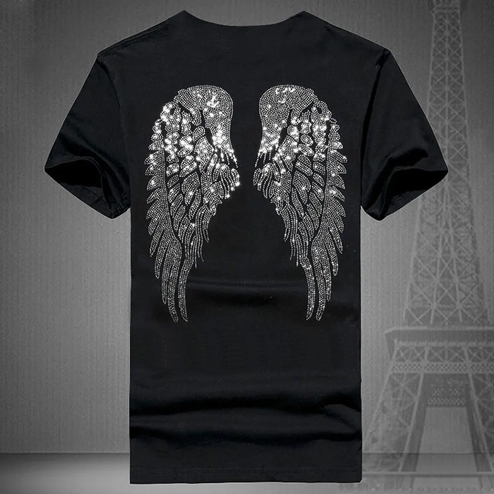 Rhinestone Wings Men\'s T-shirt Short Sleeve 2024 Summer Heavy Industry Hot Drill Social Tops Tees Male Clothing Unisex Tshirts