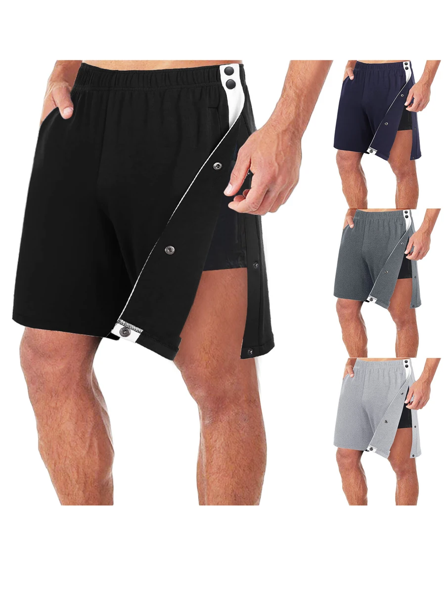 Calção de corrida masculina com elástico na cintura, calça curta com botões e bolsos, ginástica esportiva, verão