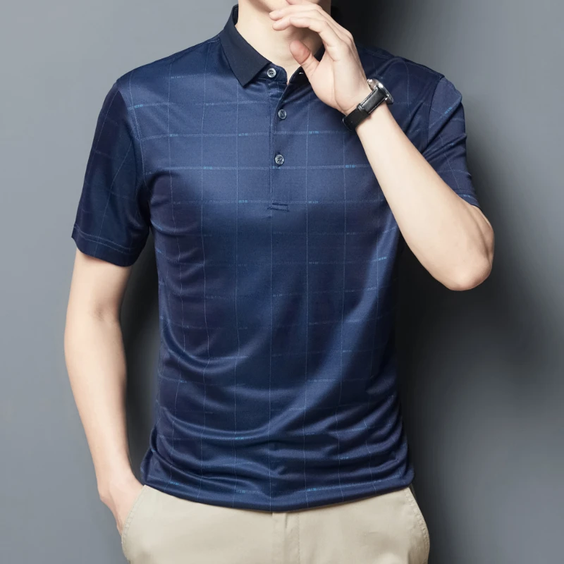 

2022 Summer Golf Men's Polo Shirts Luxury Mulberry Silk Short Sleeve Big Plaid Casual Male T-shirts Soft Silky Man Tees 4XL