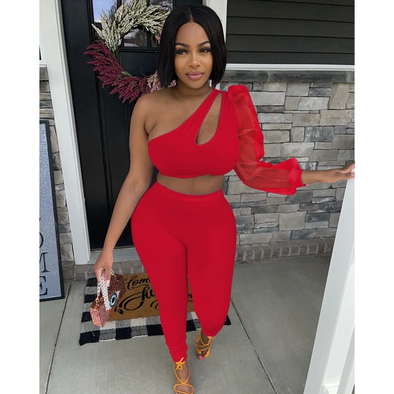 Birthday Sexy Two Piece Set Women Party Clubwear One Shoulder Crop Top and Pant Suits Rave Festival Outfit Club Matching Sets