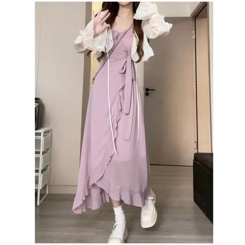Ruffled thin cardigan over a pure desire ruffled V-neck maxi slip dress 5