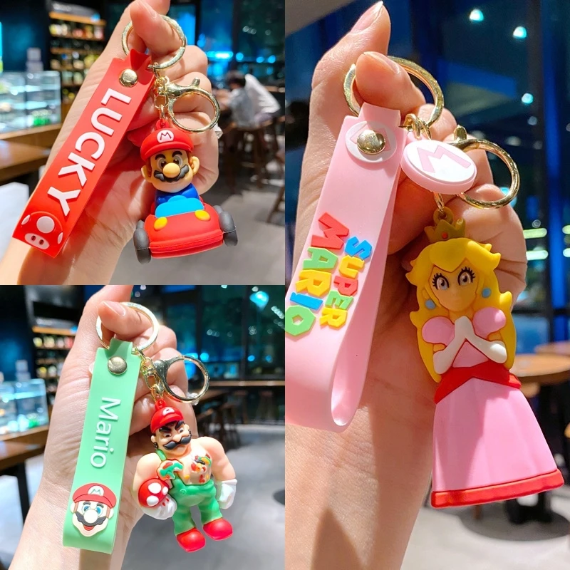 MINISO Super Mario Bros Stitch Keychain Bowser Peach Donkey kong Lovely Toys Pendant Car Keyring Kids Birthday Gifts Decoration