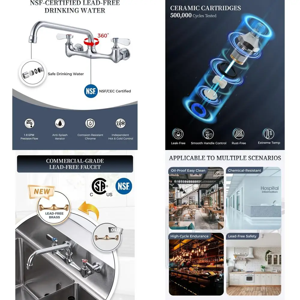 

8 Lead-Free Wall Mount Commercial Kitchen Faucet with Swivel Spout for 3-Compartment Sinks