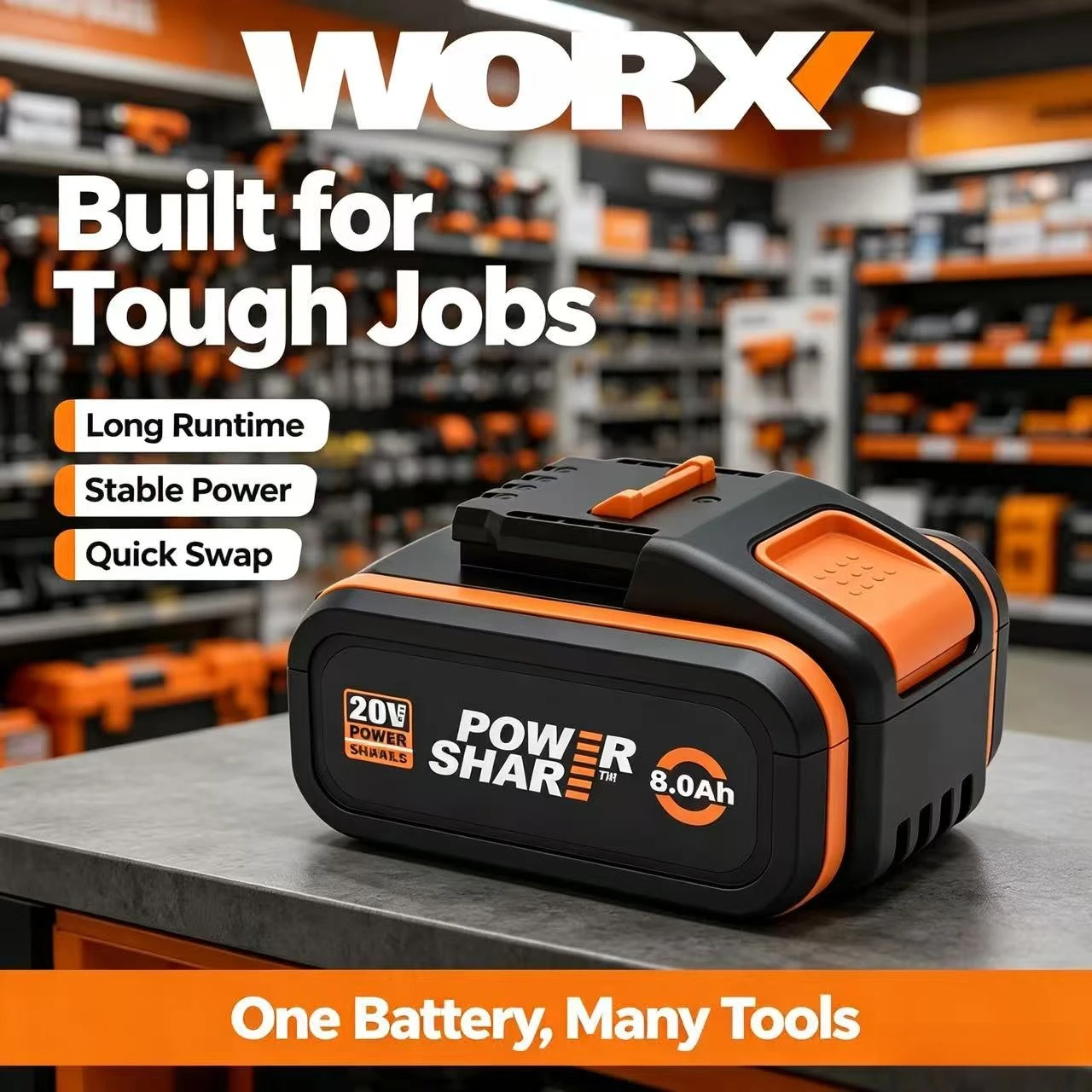 Original WORX 20V Powershare Lithium Battery  Fit WA3551 WA3644 WA3553  For Cordless Drill Stable Discharge Safety Protection