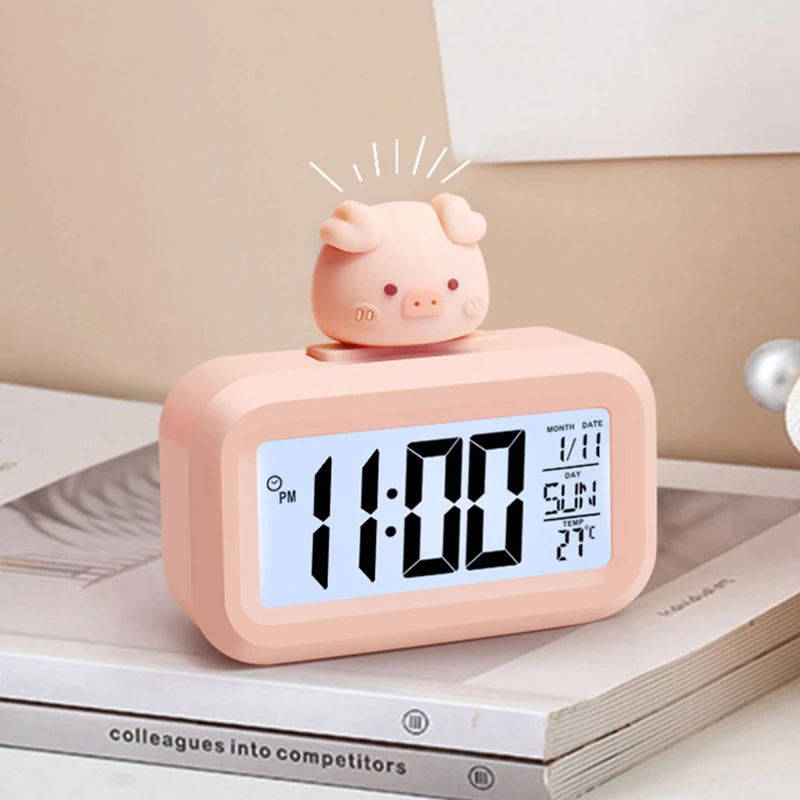 Reloj Digital LED con forma de Animal, decoración romana, despertador de cerdo de dibujos animados con luz nocturna, bonito reloj para habitación, adornos para mesita de noche