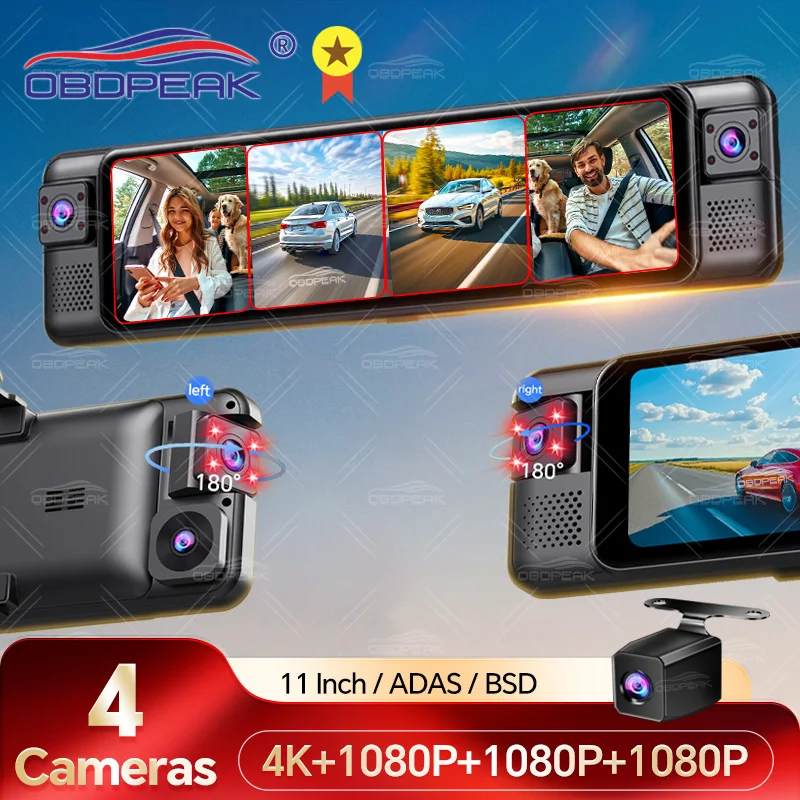 Caméra de rétroviseur 4CH 11 pouces avec Wi-Fi, caméra de tableau de bord avant 4K, arrière et latérale 1080P, assistance aux angles morts ADAS, enregistrement vidéo