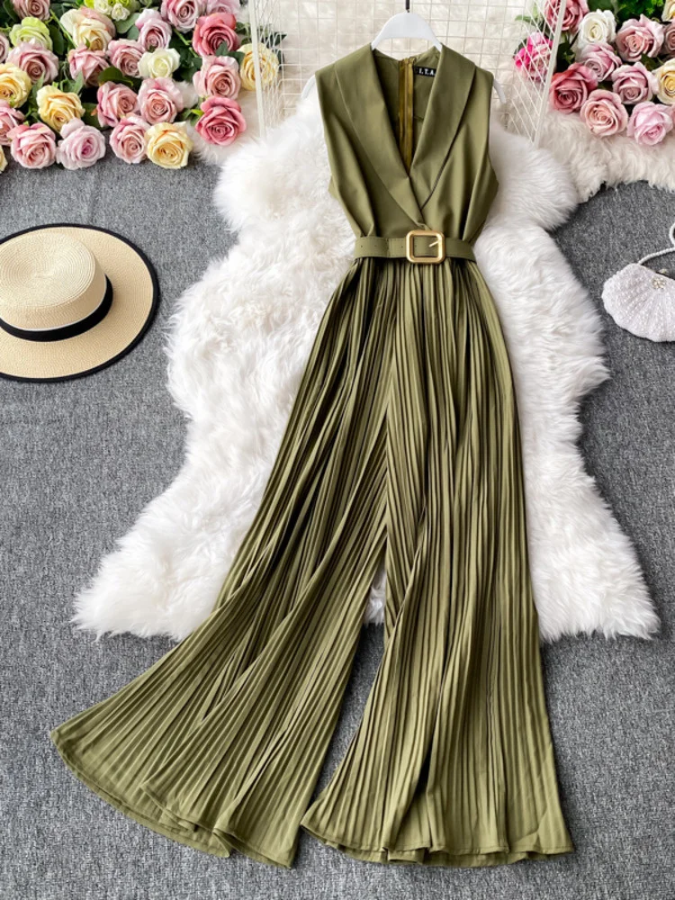 EWQ Sweet Women Jumpsuits Pleated High Waist Notched One-piece Fashion Flared Wide Leg Pants Spring Summer 2023 New SN0364