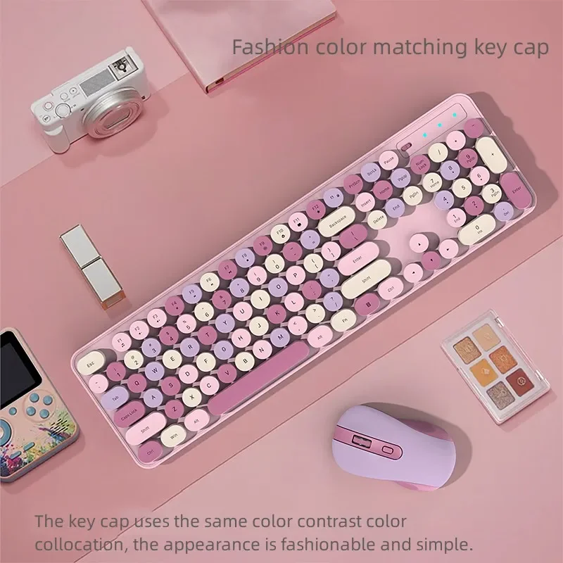 Retro Typewriter Wireless Keyboard and Mouse Combo 105 Keys Round Keycap 2.4G Silent Pink Cute for Girls Home Office PC