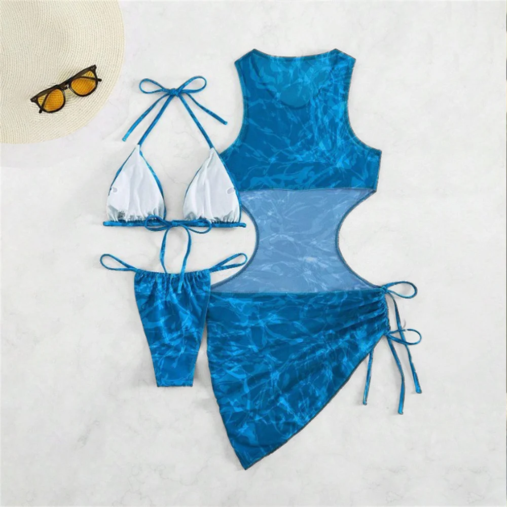 Abito bikini sexy cavo Cover-up Stampa Micro String Halter Costumi da bagno Costume da bagno gotico 3 pezzi Bikini da donna Set Costume da bagno da spiaggia