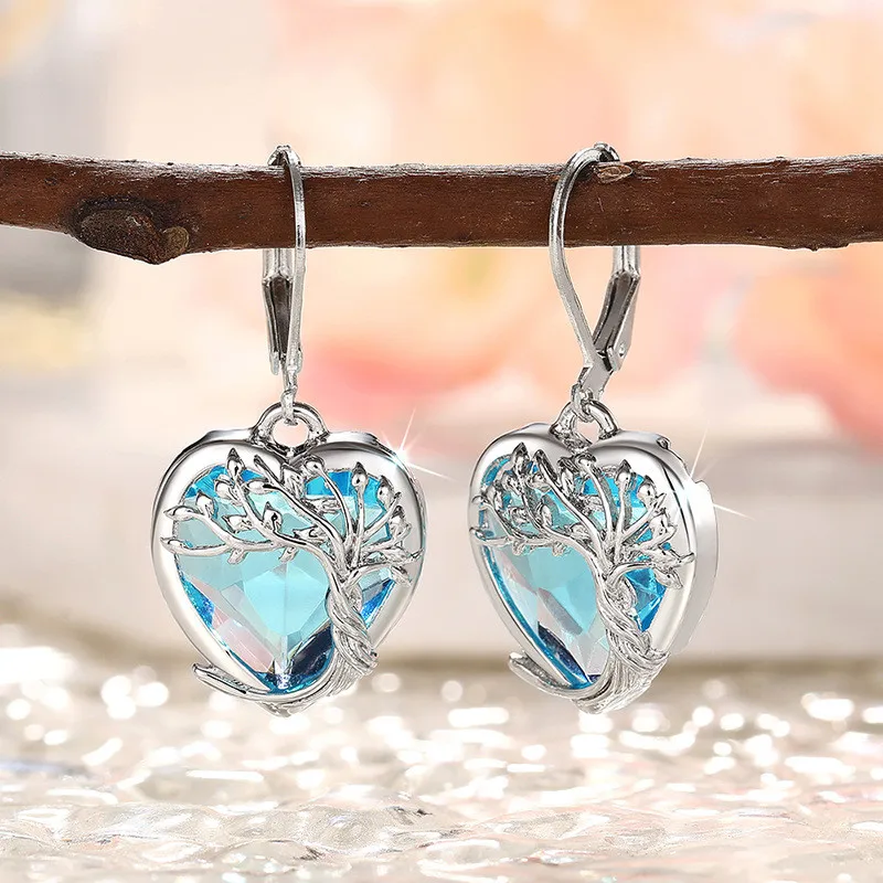 Pendientes colgantes de cristal azul con forma de corazón de Plata de Ley 925 para mujer, accesorios de joyería fina para boda