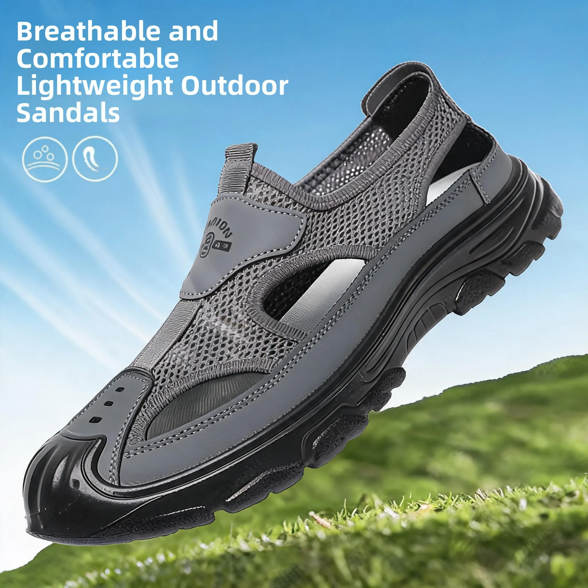 Men's Summer Breathable Mesh Sandals Hollow out Driving Sport Casual Large Size Beach Shoes Anti-Slip Soft Bottom Full Wrap