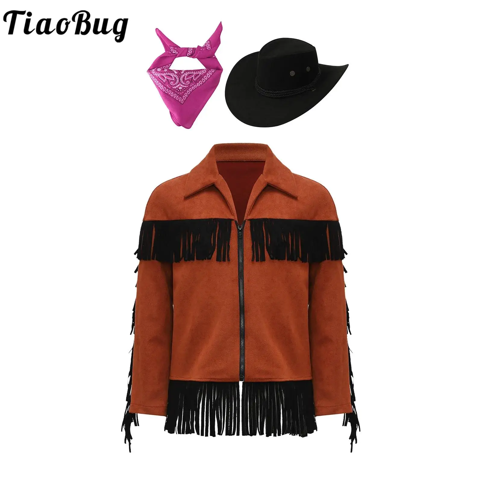 

Children Western Cowboy Cosplay Costume Halloween Party Dress Up Long Sleeve Vintage Fringe Zipper Jacket Coat with Bandanna Hat