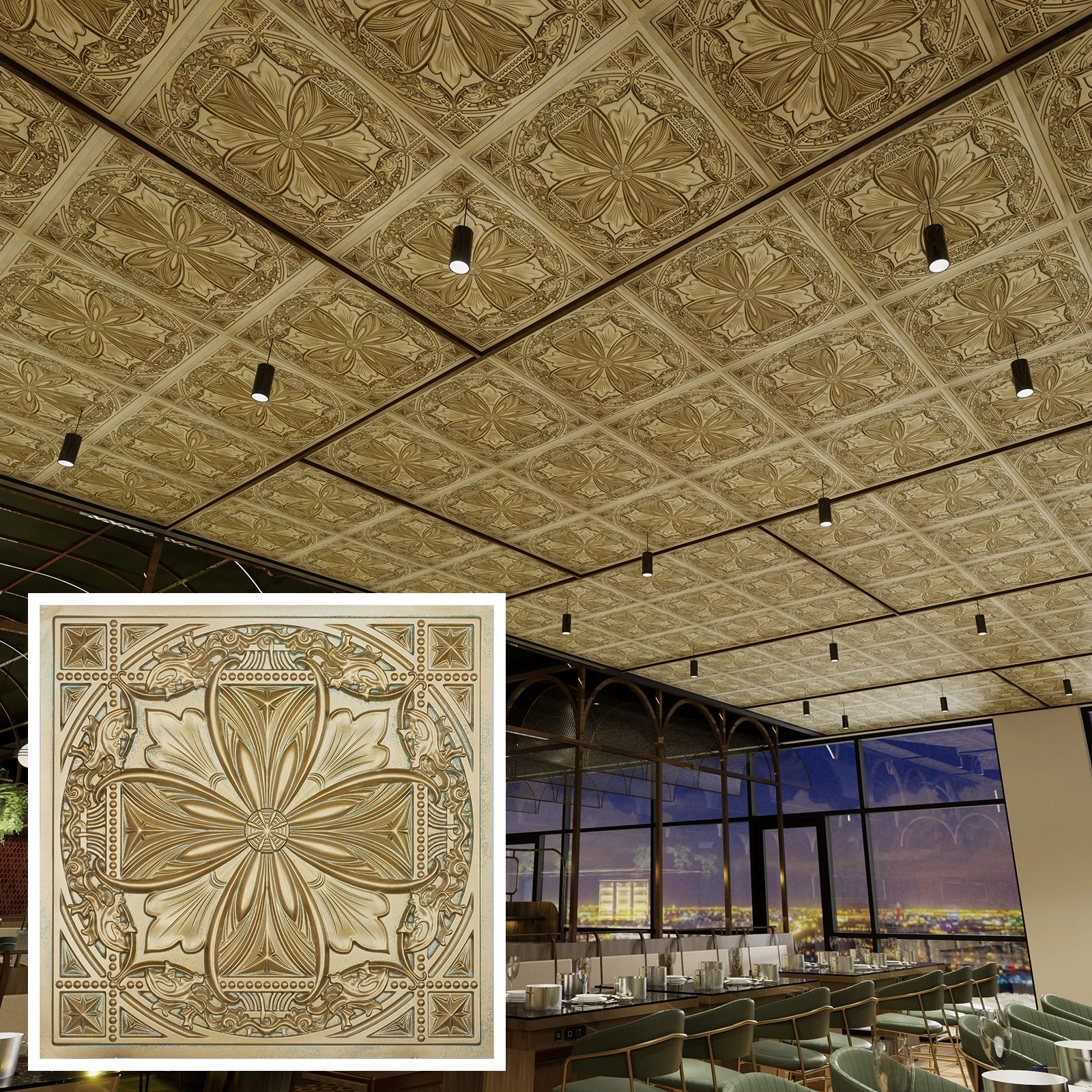 Suspended ceiling tile, 3D embossed wall panels, for Public house PL10 Brass verdigris 10pcs