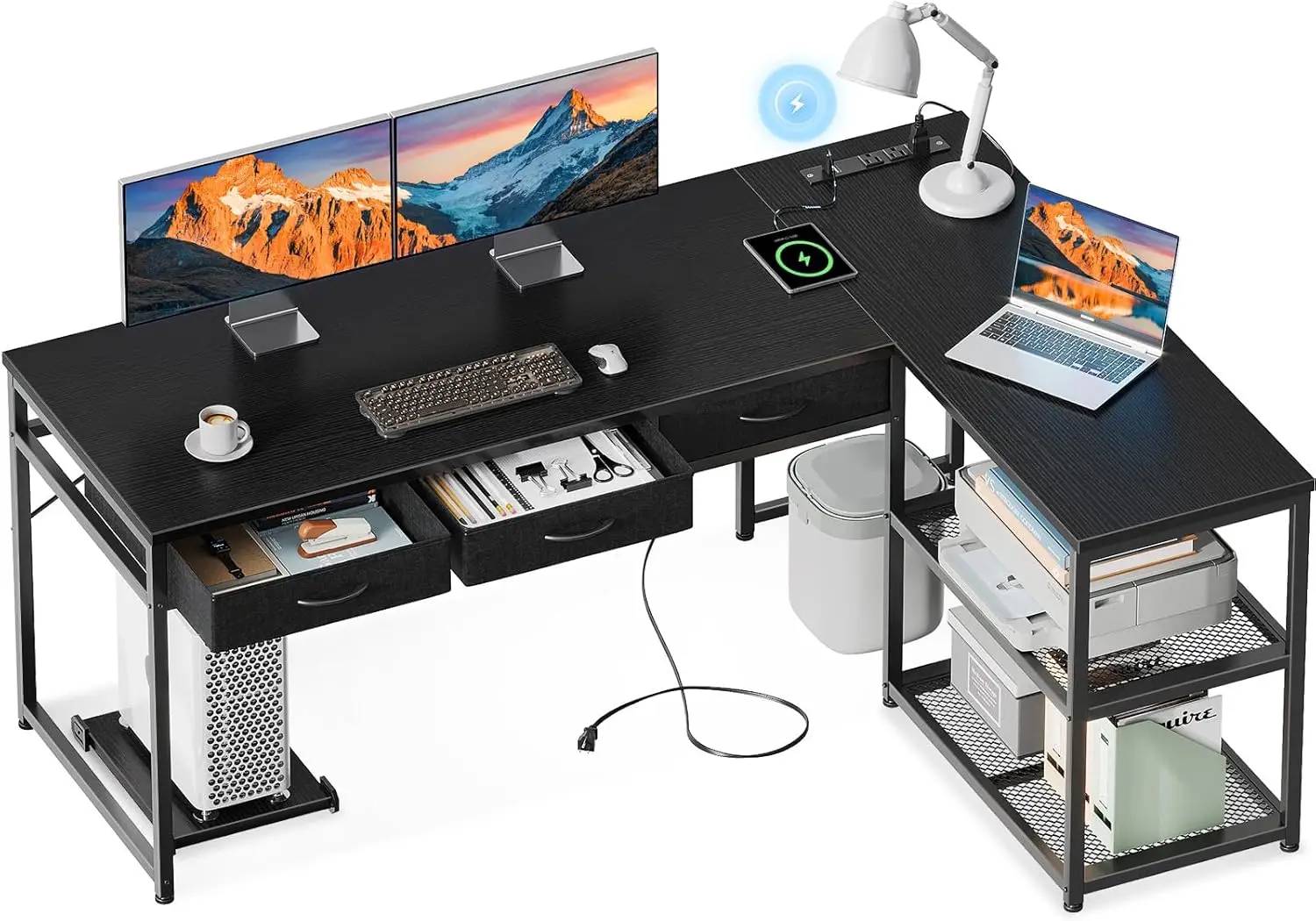 

AODK 61 Inch L Shaped Computer Desk with Drawers, Corner Desk with Power Outlets & Reversible Storage Shelves, Movable CPU Stand