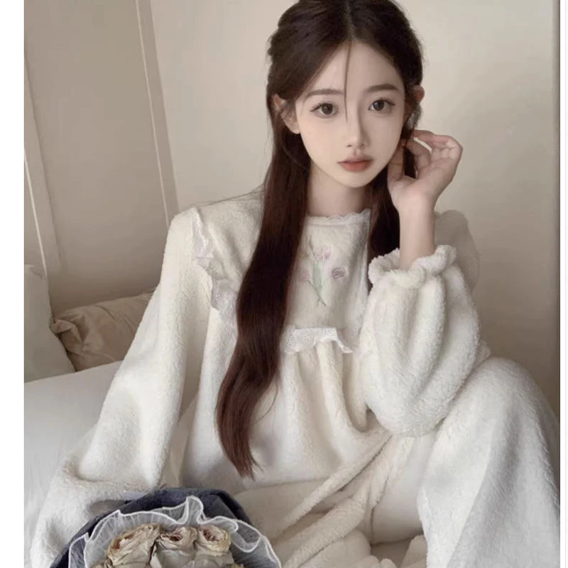 Pajama Female Thickening for Warmth Lovely and Sweet Tulip Princess Lace Loungewear Long-sleeved Suit Autumn Winter Coral Fleece