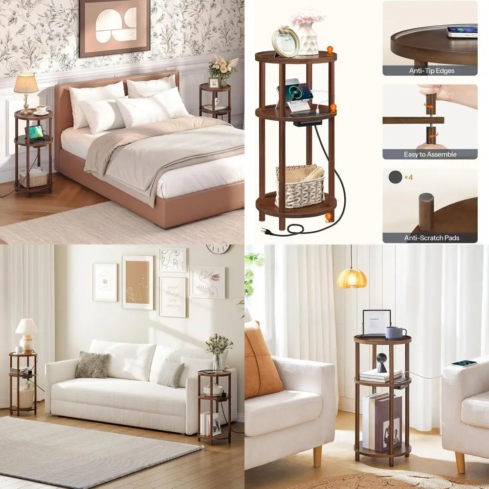 

Круглый бамбуковый столик-зарядная станция, 3-уровневый дизайн, компактный для небольших помещений, для гостиной/спальни, простая сборка, цвет мокко