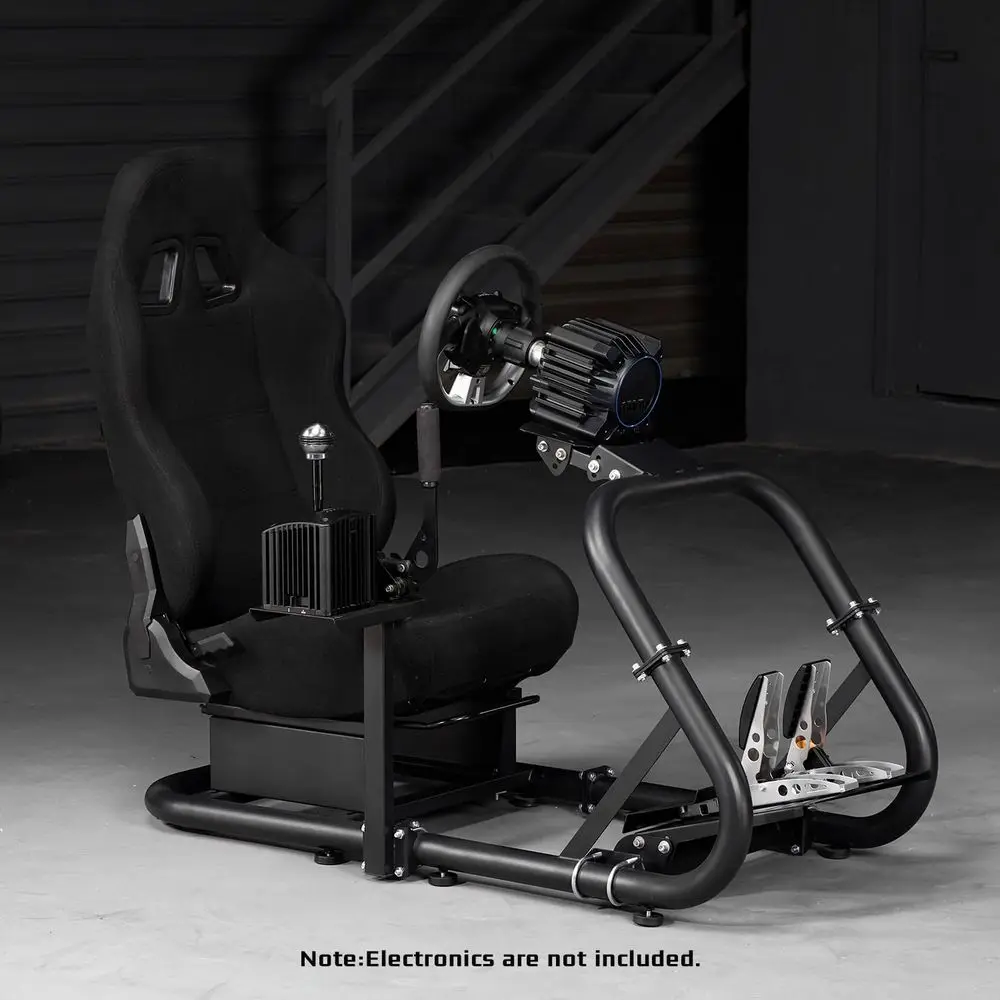 Racing Simulator Cockpit with Black Seat, Compatible with Various Wheel Models, Excludes Pedals and Handbrake