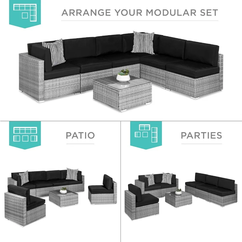 7 Piece Modular Outdoor Combo Wicker Patio Conversation Set with 2 Pillows, Coffee Table Including Cover - Grey/Black