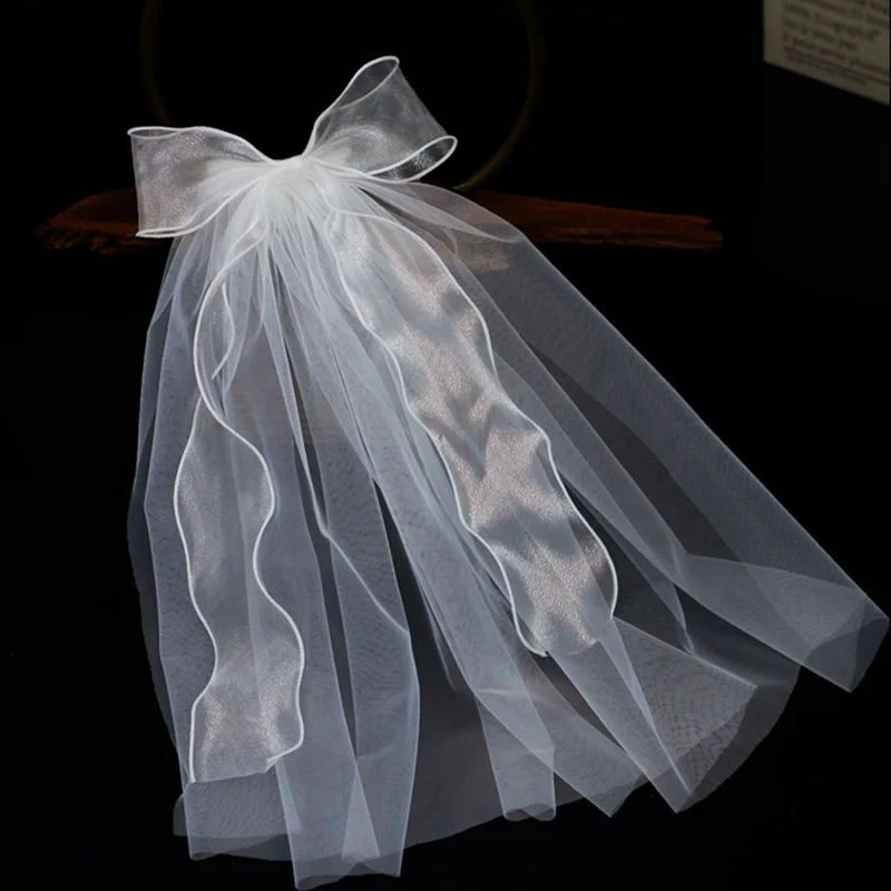 White Wedding Veil Bow Hairpin Sweet Bride Small Short Veil Layered Studio Photography Dress Accessories