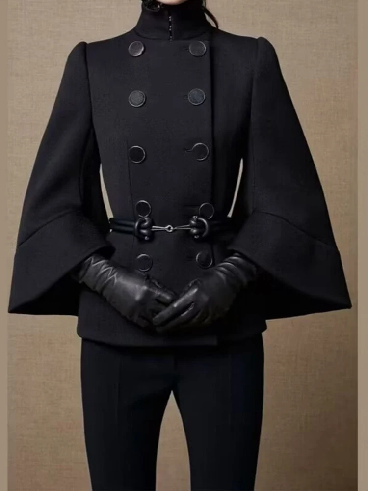 Black Short Jackets Coats Women Long Flared Sleeves High Neck England Style Coats Female Double Breasted Spring Autumn Outerwear