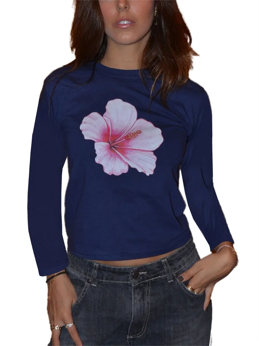 여성용 긴팔 티셔츠, 크루넥 플라워 프린트, 슬림핏 상의, 스트리트웨어, 여성용 튜브 탑, 패션