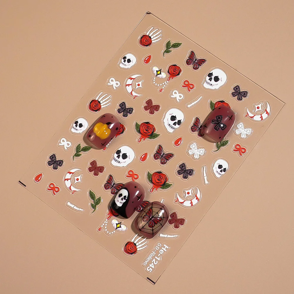 1/5/10 الجمجمة الأحمر روز فراشة Bowknot مسمار ملصقات هالوين 5D تنقش مسمار الفن ملصقات DIY بها بنفسك مانيكير الديكور الشارات