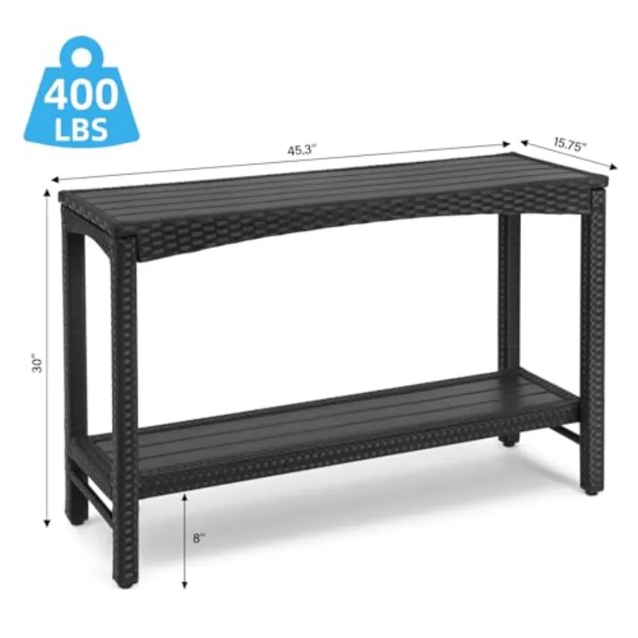 Outdoor console table for patio buffet and bar storage, wicker material, natural color, 45-inch long narrow tall rectangle with