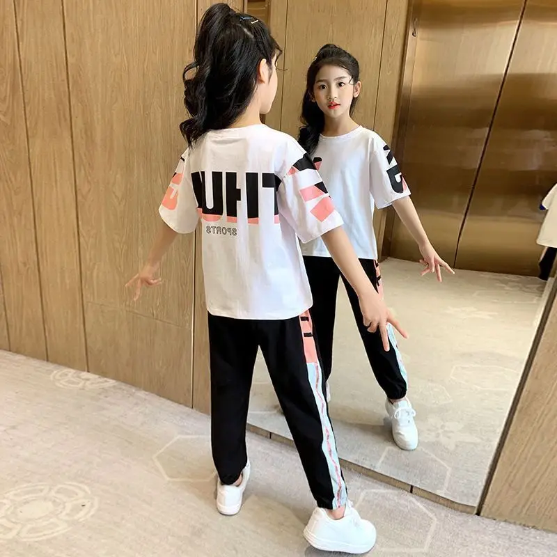 Girls' Set Summer Fashion New Children's  Girls' Middle and Big Boys' Summer Short Sleeve Two Piece Set 4-12 Ages