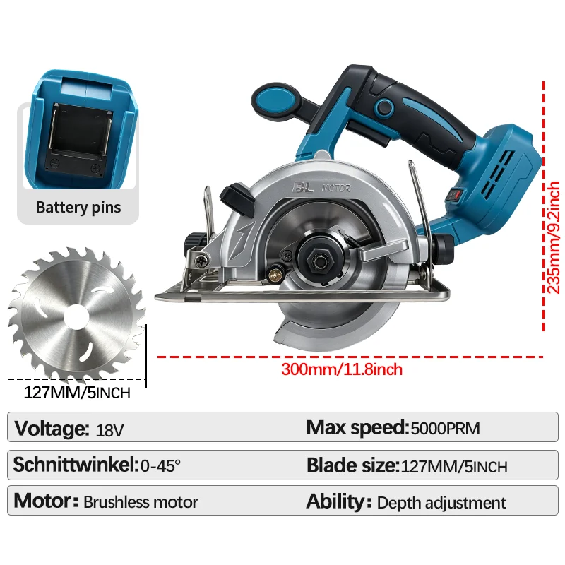 5/7 Inch Brushless Circular Saw Cordless Rechargeable Portable Handheld Woodwork Cutter Power Tools for Makita 18v Battery Pins