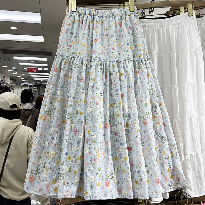 Qiukichonson Mid Long Skirts Womens Floral Skirt 2026 Spring Summer Korean Lolita High Waist Heavy Embroidery Pleated Skirts rok
