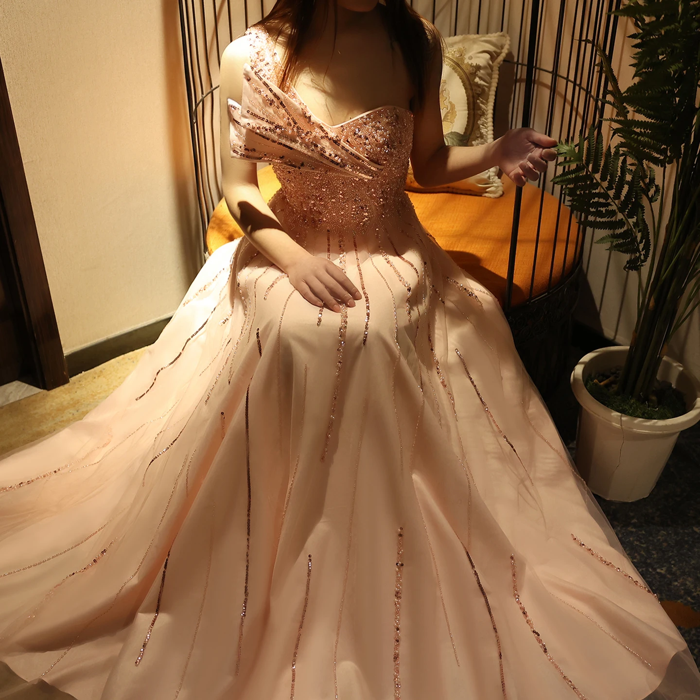 

Sharon Said Dubai Tulle One Shoulder Pink Evening Dress Luxury Beads A-line Women Formal Party Gown for Wedding SS417 Customized