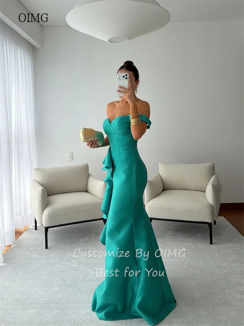 فستان سهرة أنيق بحورية البحر من OIMG مزين بالزهور قبالة الكتف مكشكش للحفلات بفتحة جانبية بطول الأرض 2026 مخصص