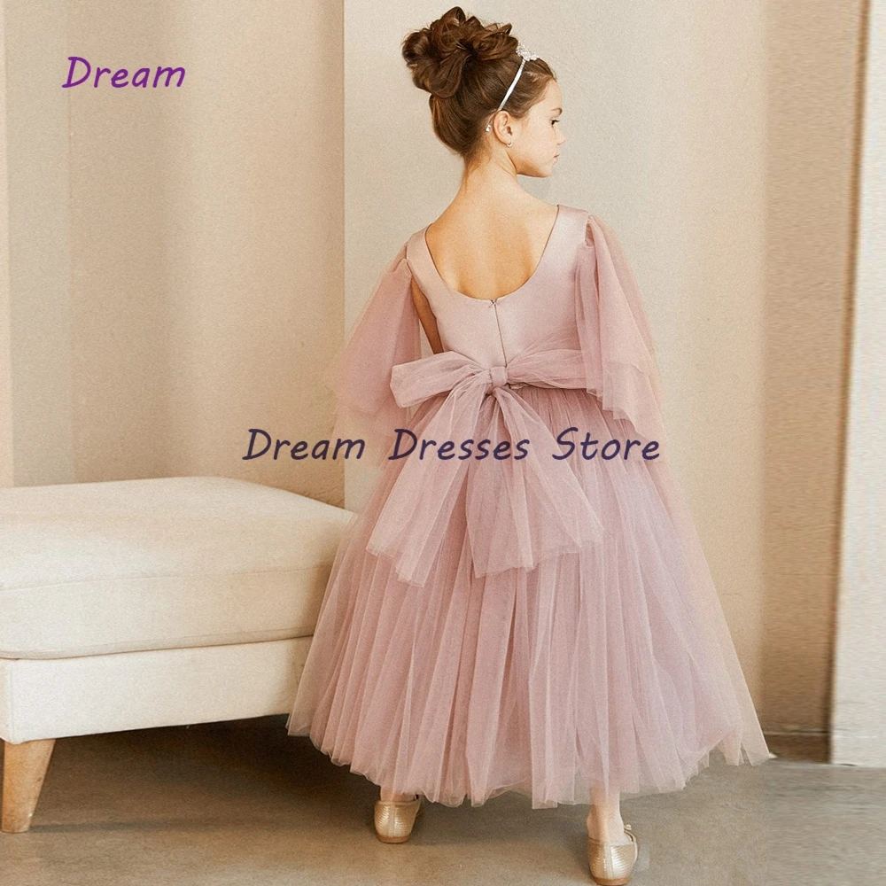 Fashion Lace Short Sleeve Scoop A-Line Flower Girl Dresses 2021 Summer Floor-Length Puff Tulle Applique Embroidery Birthday Gown